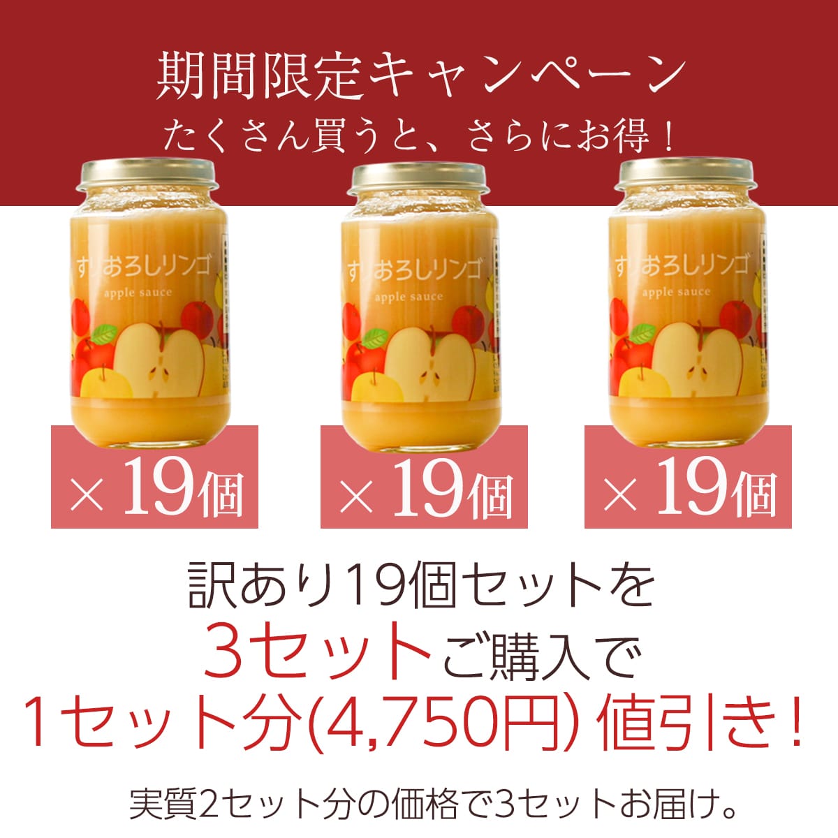 送料無料・訳あり19個セット】なめらか食感のすりおろしリンゴ200g×19